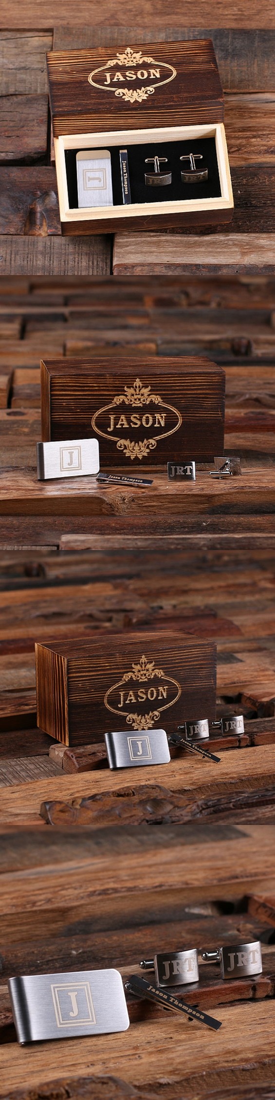 Personalized Money Clip, Tie Clip and Cuff Links in Wood Gift-Box