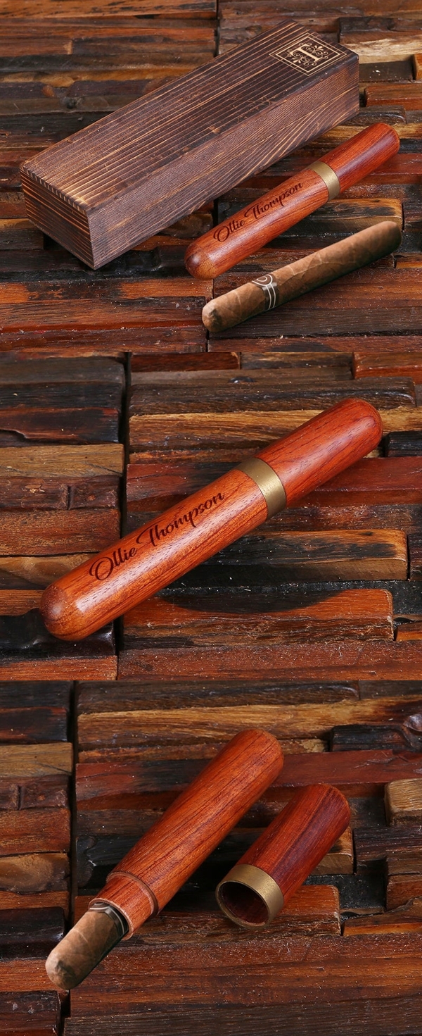 Personalized Merbau Wood Cigar Holder and Keepsake Wood Box Set