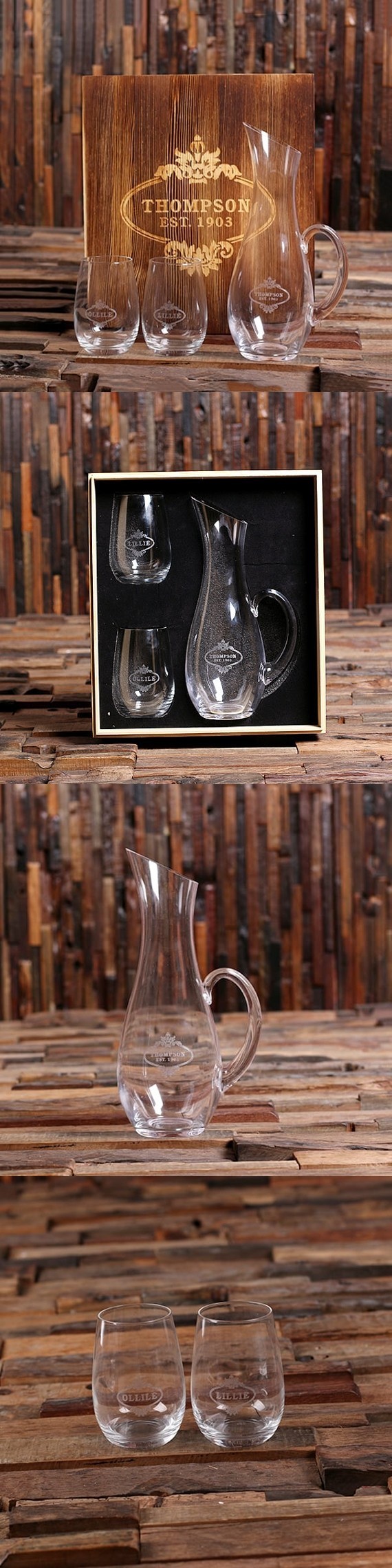 Personalized Wine Decanter & Stemless Wine Glasses Set in Wood Box