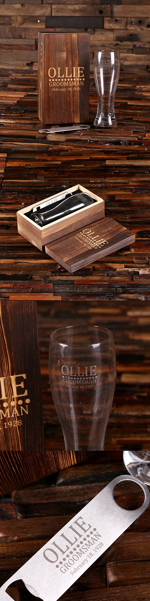 Personalized Pilsner Beer Glass and Bottle Opener in Engraved Wood Box