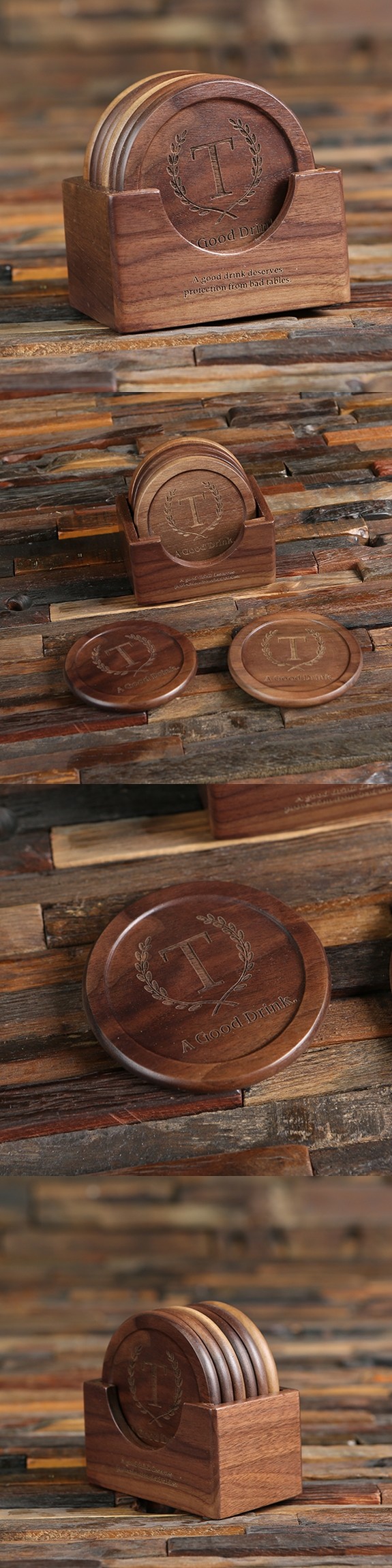 Laurel Crest Monogram Wood Coasters with Holder Stand (Set of 6)