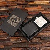 Personalized Leather Wallet & Swing-Top Flask in Black Sheen Wood Box