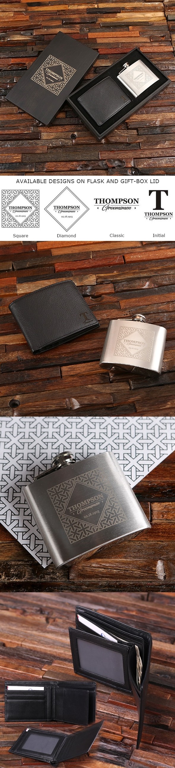 Personalized Leather Wallet & Swing-Top Flask in Black Sheen Wood Box