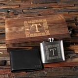 Monogrammed Engraved Leather Wallet and Swing-Top Flask in Wood Box