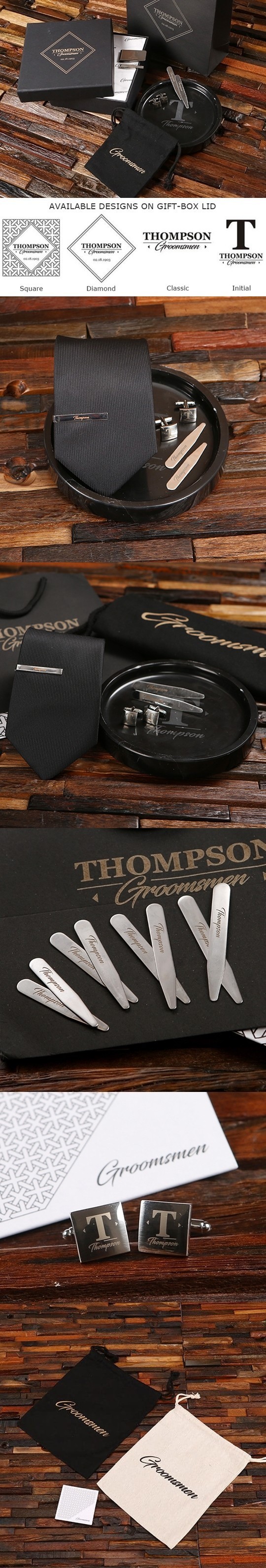 Personalized Tray, Tie, Tie Clip, Cuff Links and Collar Stays Gift-Set