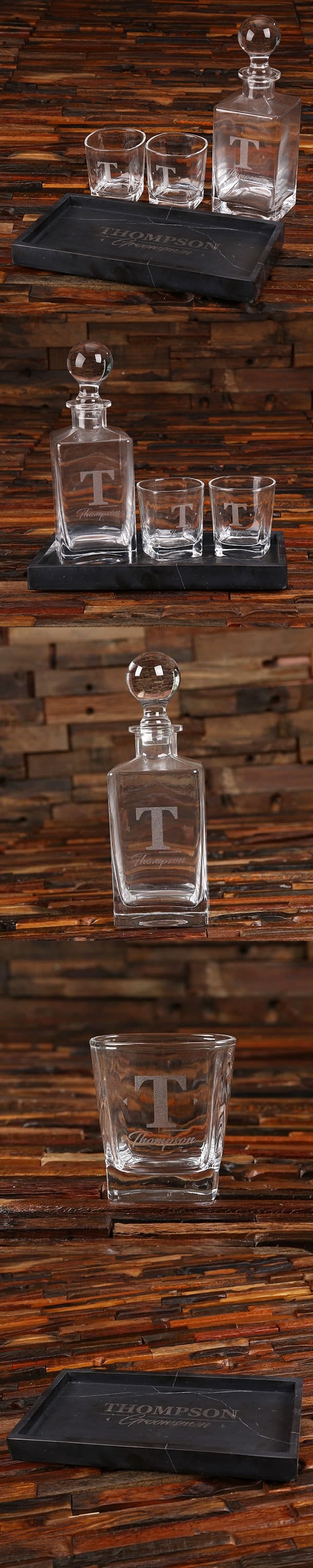 Personalized Whiskey Decanter, Rocks Glasses and Marble Bar Tray Set