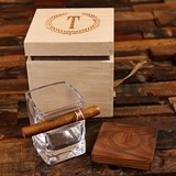 Personalized Cigar-Holding Rocks Glass & Wood Coaster in Wood Gift-Box