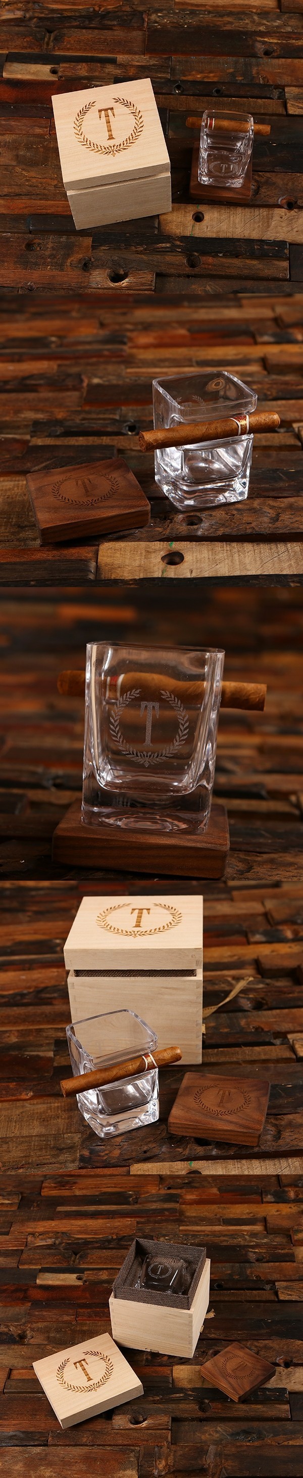 Personalized Cigar-Holding Rocks Glass & Wood Coaster in Wood Gift-Box