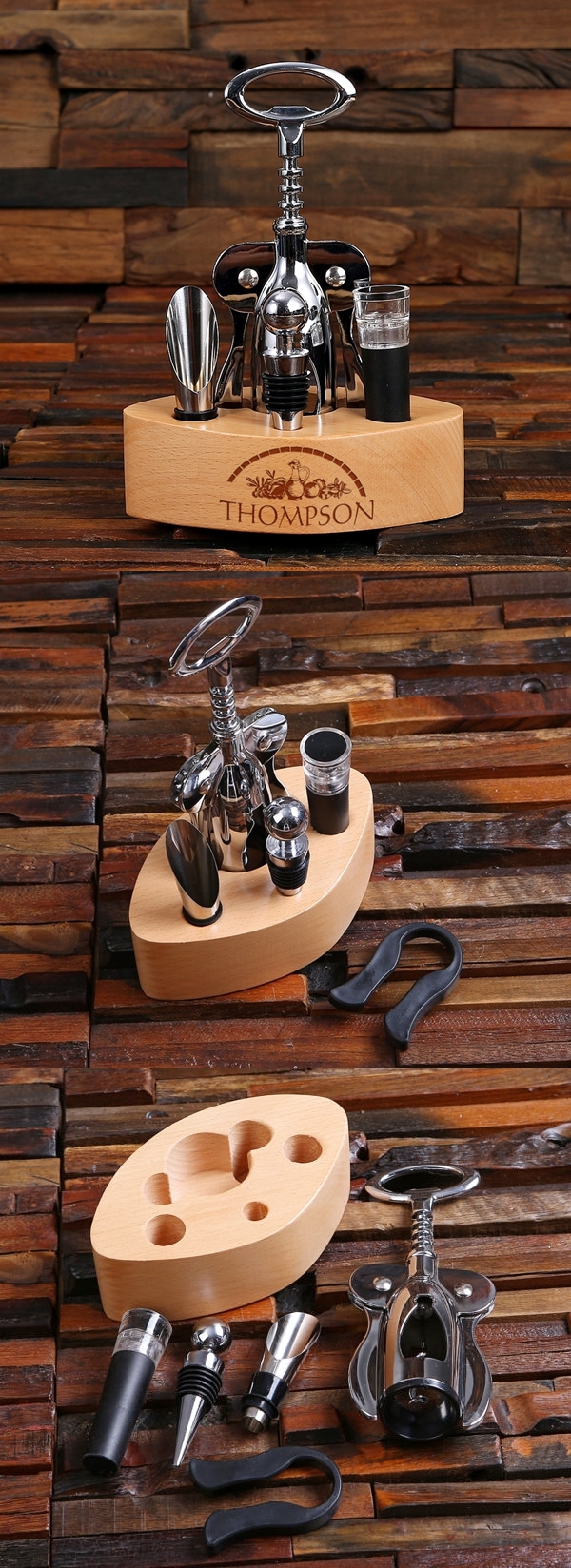 Stainless 6-pc Wine Accessories Tool Set in Personalized Wood Holder