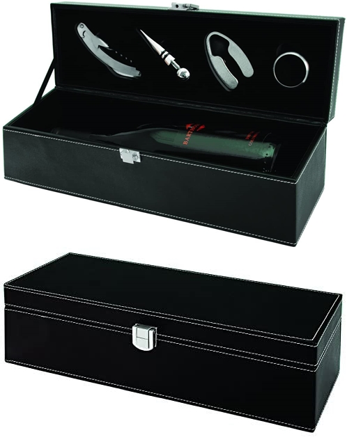Black Faux-Leather Wine Bottle Gift-Box with Accessory Set by True