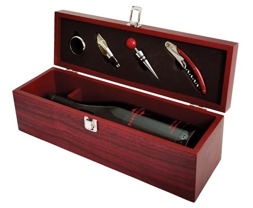 Cherry-Stained-Wood Wine Bottle Gift-Box with Accessory Set by True