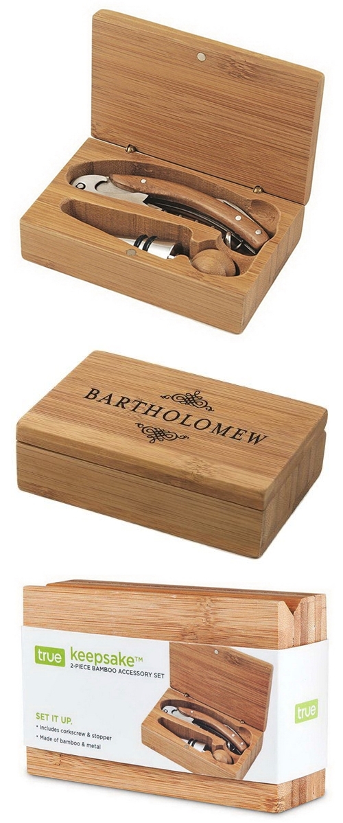 Keepsake Personalizable 2-Piece Bamboo-Wood Wine Accessory Set by True