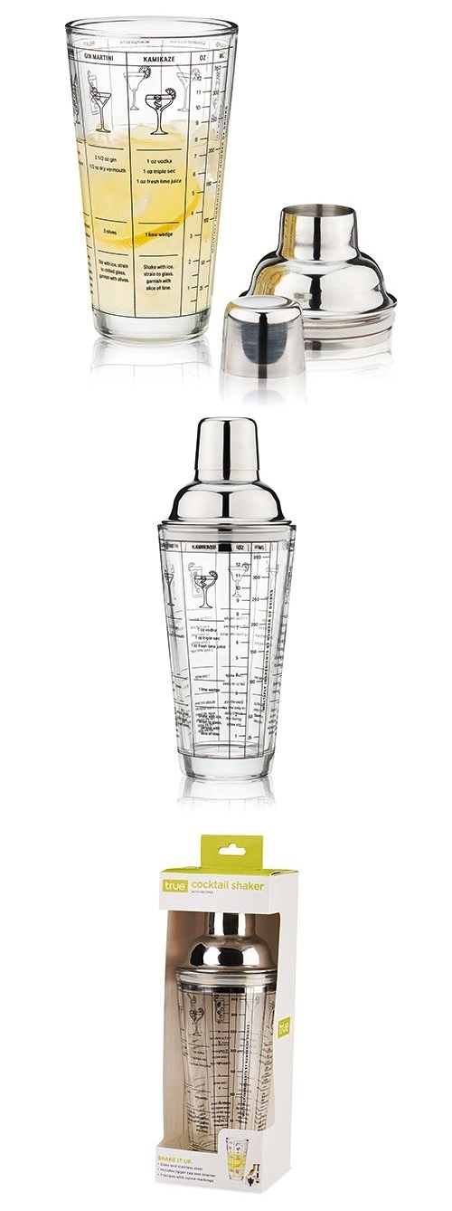 Glass Cocktail Shaker with Printed Iconic Drink Recipes by True
