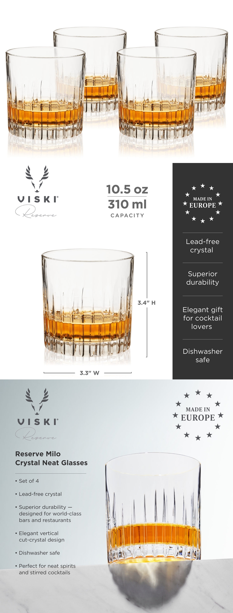 Reserve Milo Lead-Free Crystal Neat Rocks Glasses by VISKI (Set of 4)
