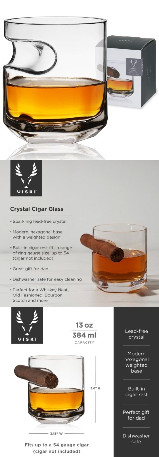 Lead-Free Crystal Rocks Glass with Built-In Cigar Rest by VISKI