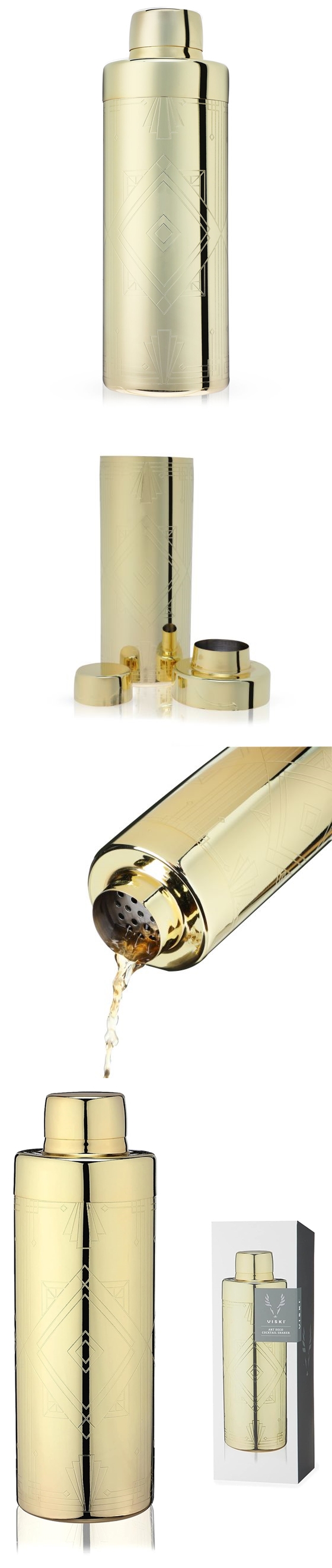 Art Deco Gold-Plated Cocktail Shaker with Elegant Etchings by VISKI
