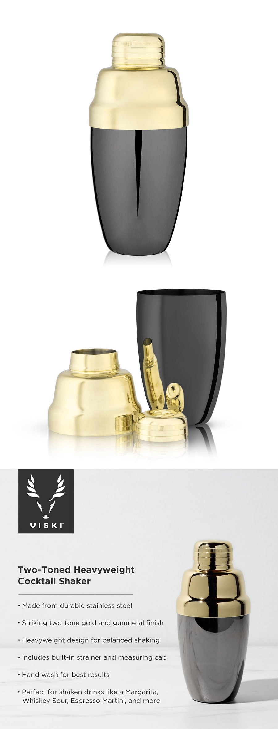 Art Deco-Inspired Two-Toned Heavyweight Cocktail Shaker with Built-In Strainer