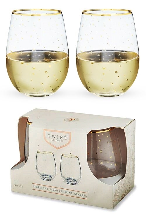 Twine Starlight Stemless Champagne Glasses, Set of 2 18 oz Festive