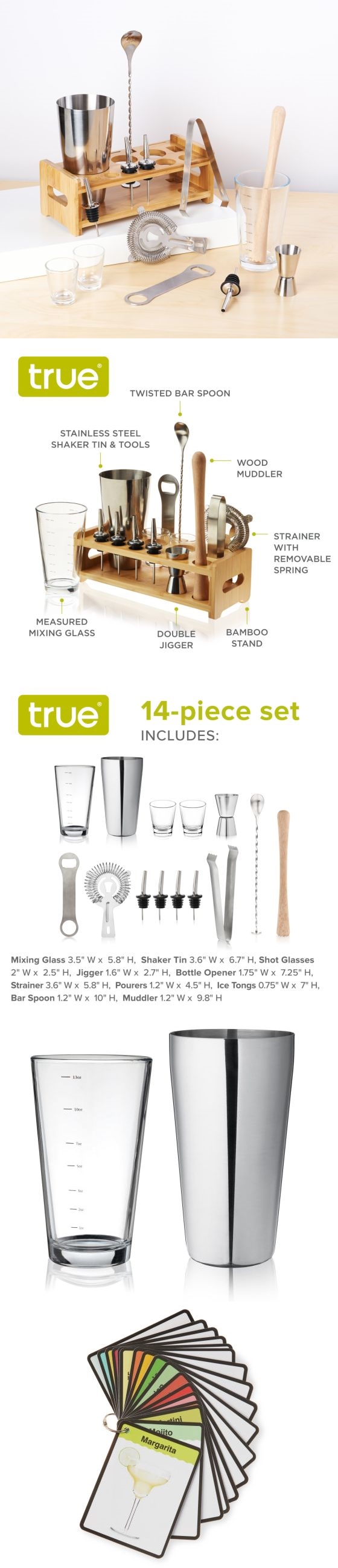 Stainless Steel Cocktail Shaker Set with Stand - 15-Piece Bartender Kit with Drink Shaker, Bar Spoon, Jigger, Muddler, Strainer, Bottle Opener & Stopp