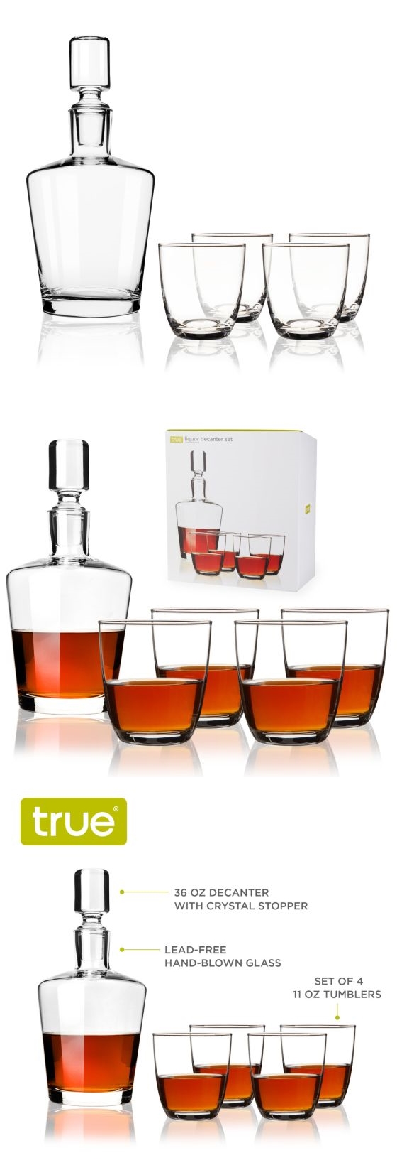 Lead-Free-Glass 36oz Liquor Decanter and 4 Tumblers Gift Set by True