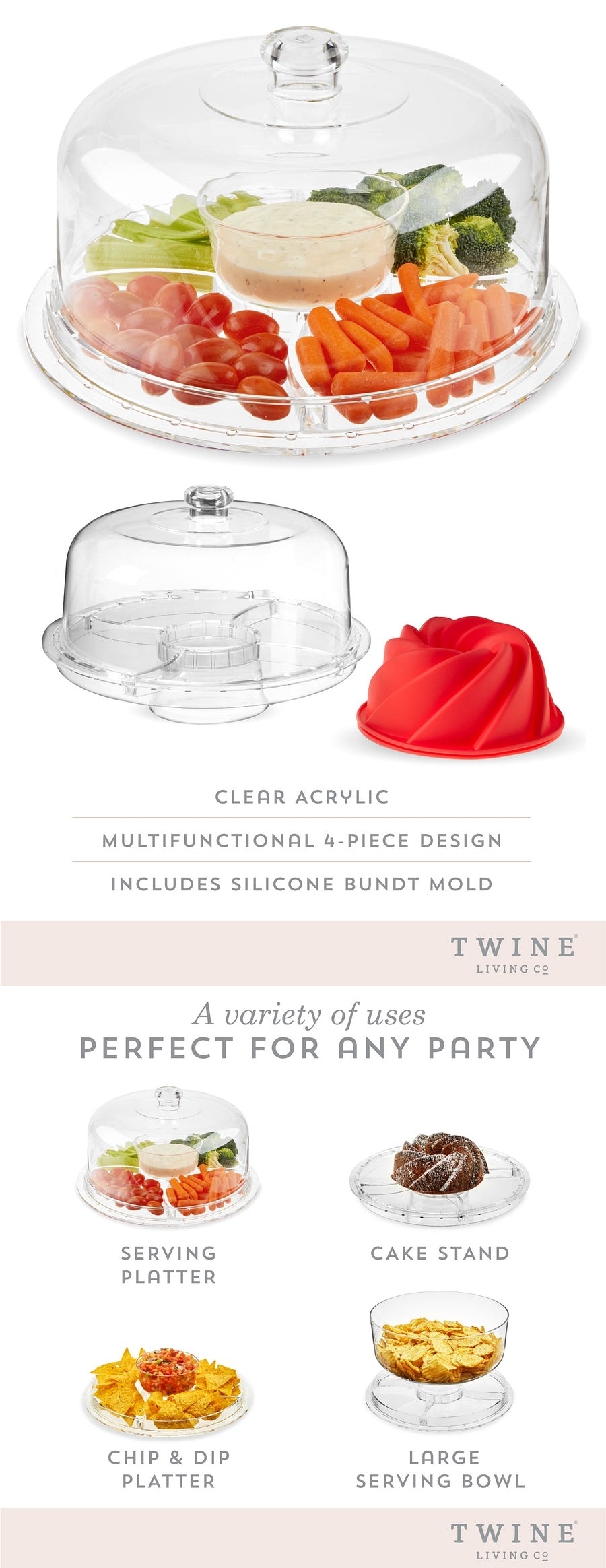 Multi-Functional Acrylic Serving Platter/Cloche with Bundt Cake Mold by Twine