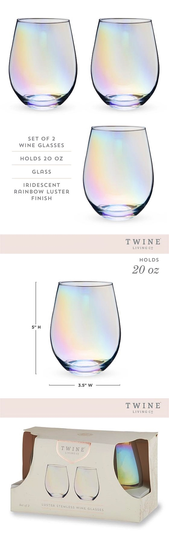 Rainbow Luster Finish Stemless Wine Glasses by Twine (Set of 2)