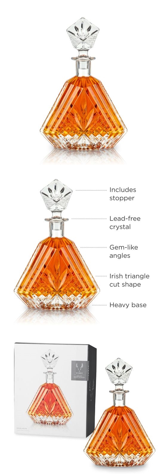 Irish Triangle-Cut 15oz Lead-Free Crystal Whiskey Decanter by VISKI
