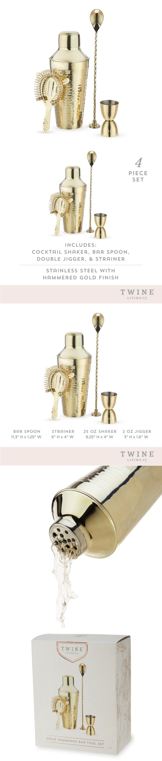 Hammered Gold Finish Stainless-Steel 4-Piece Barware Set by Twine