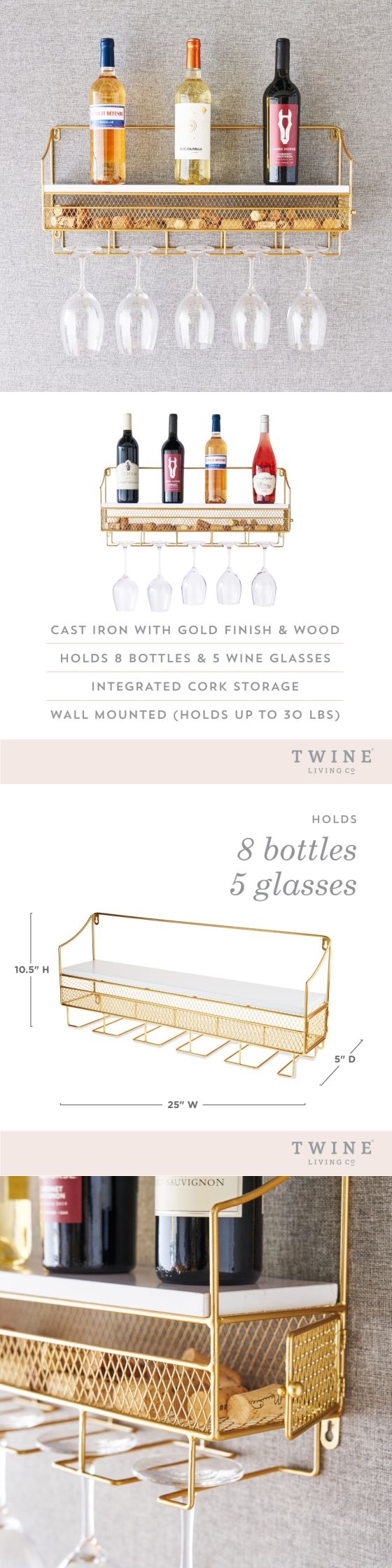 Gold-Finish Cast-Iron Wall-Mounted Wine Rack & Cork Storage by Twine