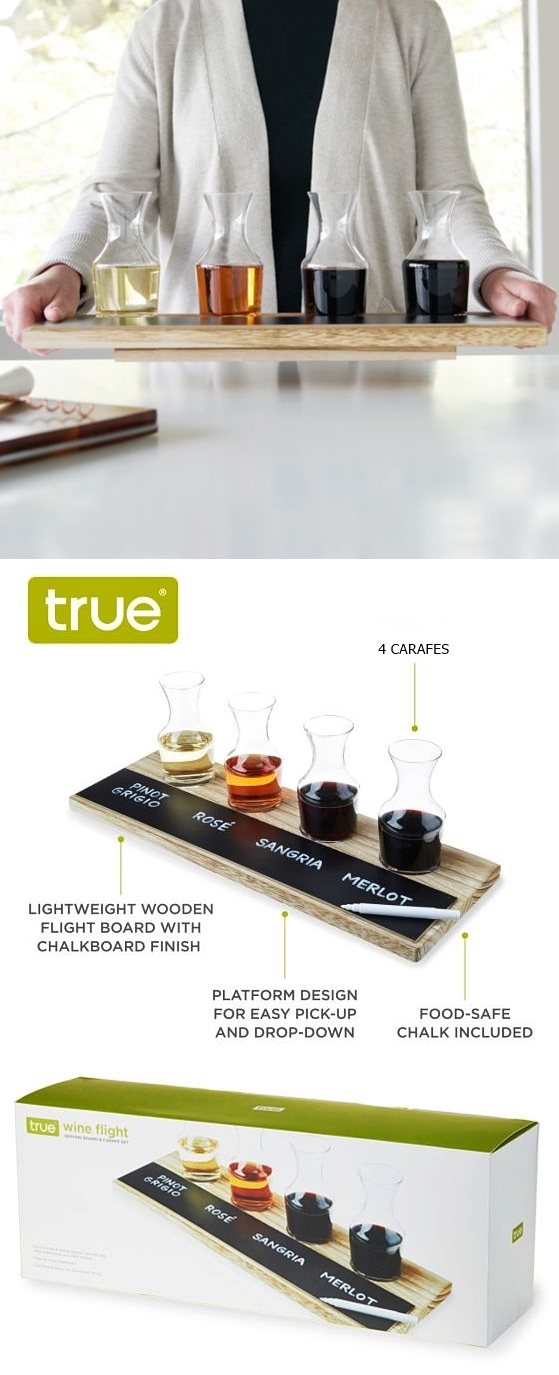 Wooden Wine Flight Board Set w/ Chalkboard and 4 Glass Carafes by True