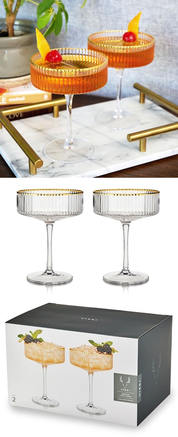Meridian: Gold-Rimmed Crystal 8oz Coupe Glasses by VISKI (Set of 2)