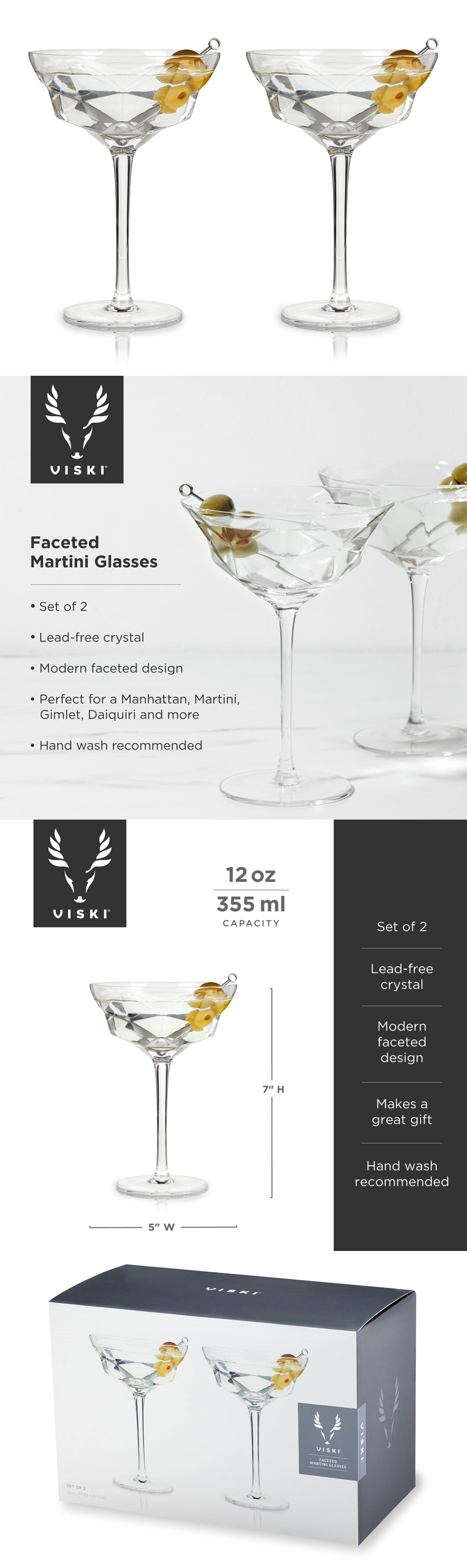 Seneca Faceted Lead-Free Crystal Martini Glasses by VISKI (Set of 2)
