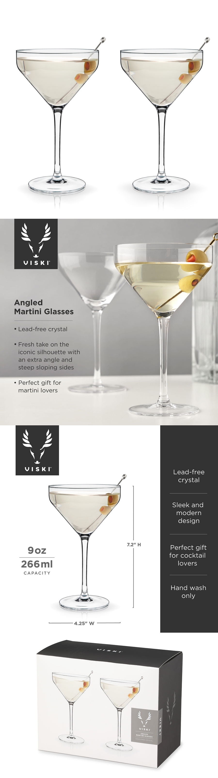 Raye Lead-Free Crystal 9oz Angled Martini Glasses by VISKI (Set of 2)