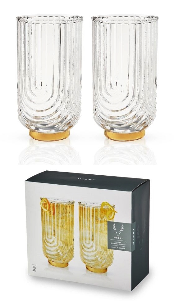 Gatsby Art Deco Gold-Plated 15oz Highball Glasses by VISKI (Set of 2)
