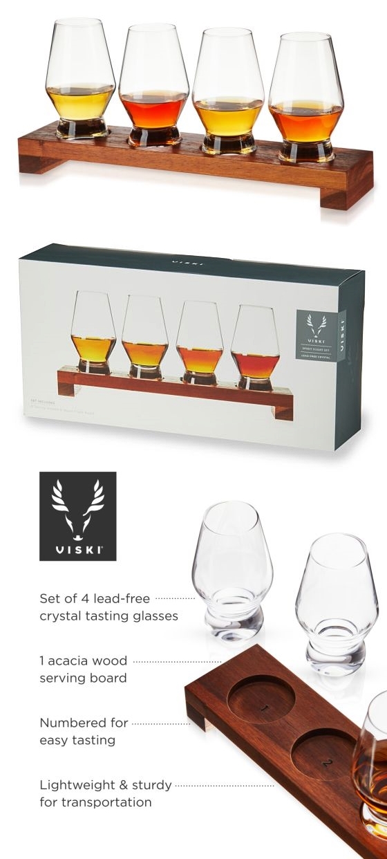 Spirits Flight Set with Acacia Wood Board & 4 Tasting Glasses by VISKI