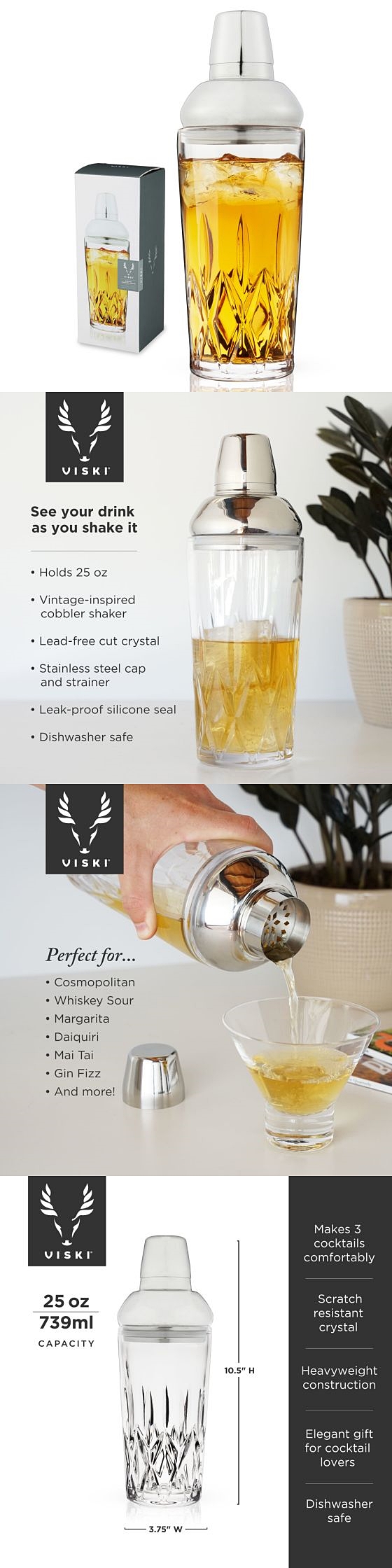 Admiral Cut-Crystal Glass Cocktail Shaker with Strainer by VISKI