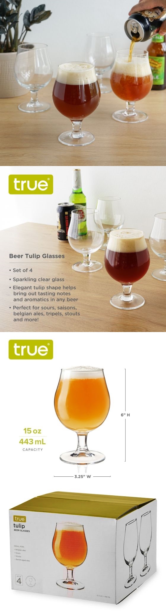 Stemmed Tulip Glasses for Craft Beer by True (Set of 4)