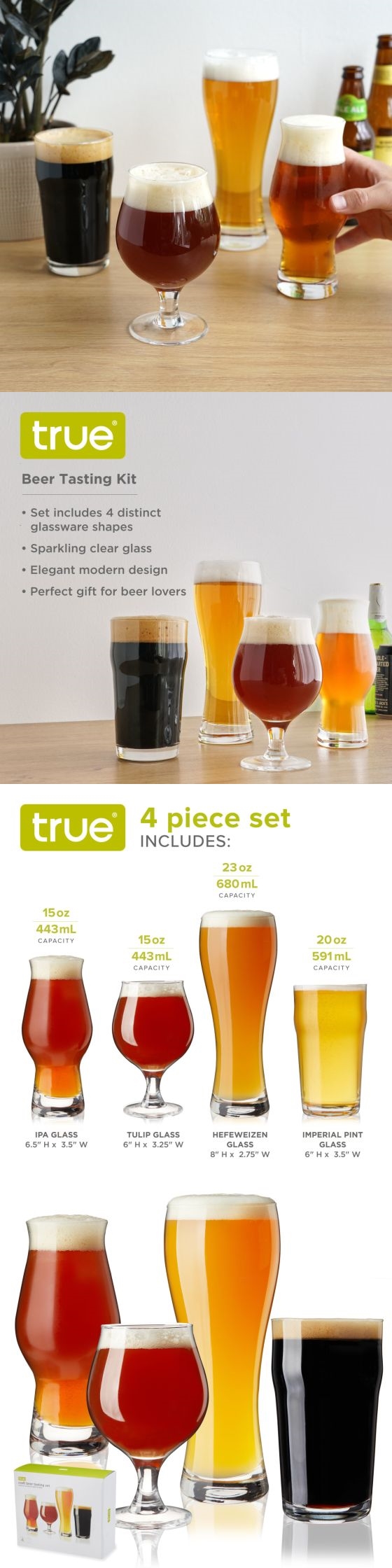 Craft Beer Tasting Kit by True (Set of 4 Distinct-Shape Beer Glasses)