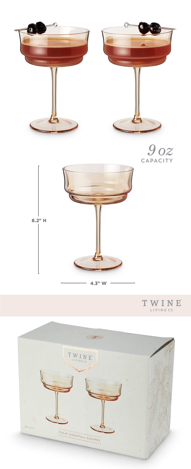 Vintage-Inspired Amber-Tinted Tulip Cocktail Coupes by Twine Living (Set of 2)