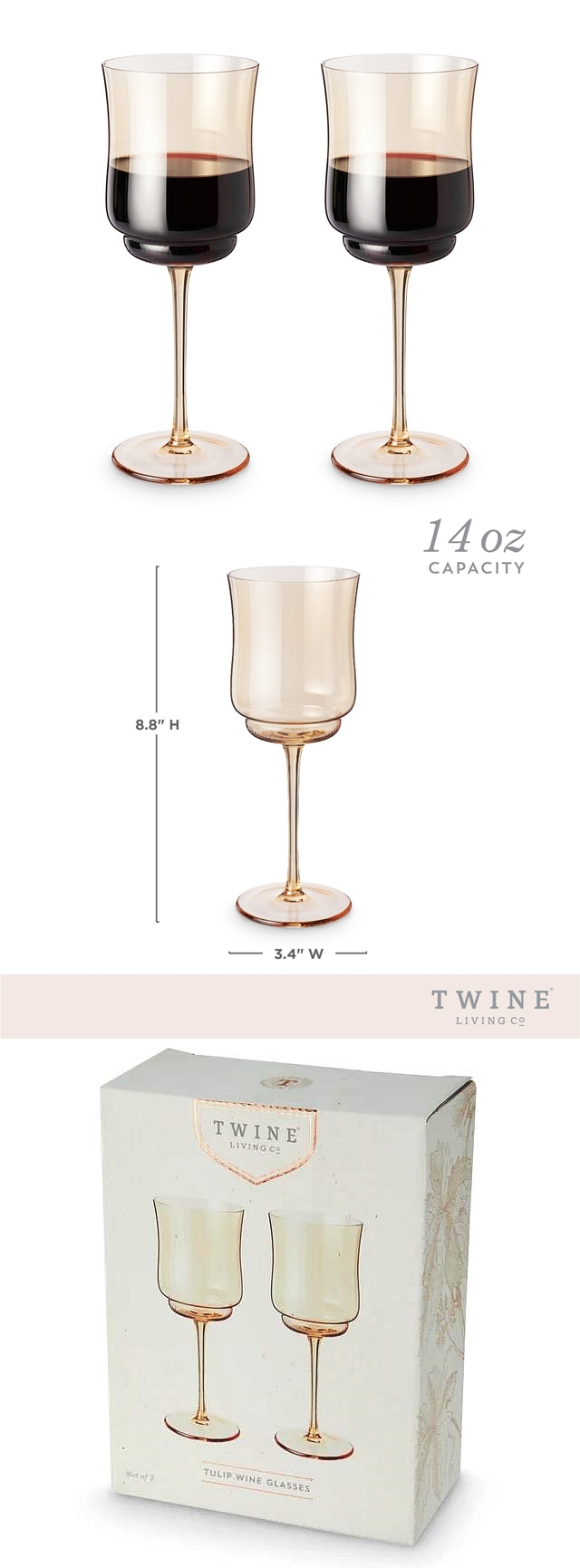 Vintage-Inspired Amber-Tinted Tulip-Stemmed Wine Glasses by Twine Living (Set of 2)