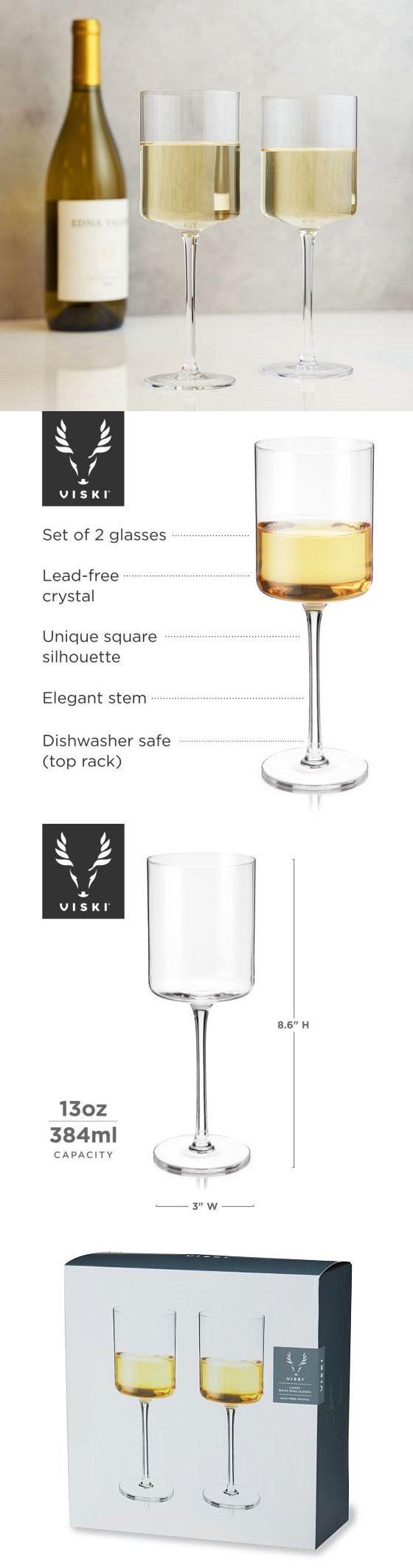 Laurel 13oz White Wine Glasses with Unique Square Silhouette by VISKI