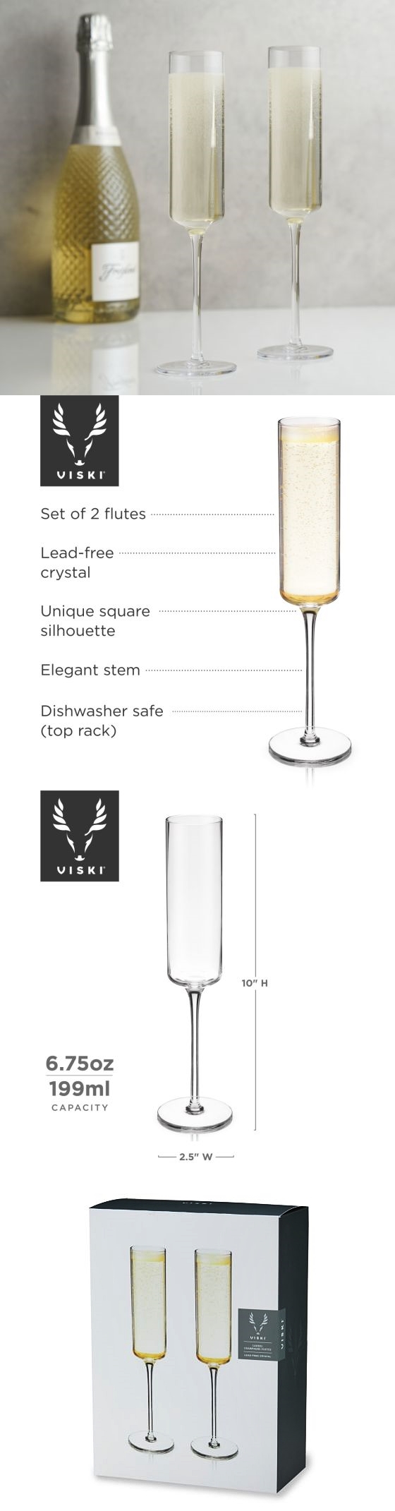 Laurel 6.75oz Champagne Flutes with Unique Square Silhouette by VISKI