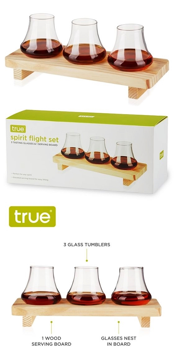 Spirit Flight Set with Wooden Board and 3 Tasting Glasses by True