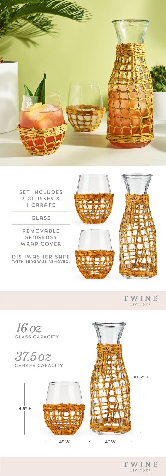 Seagrass-Wrapped 'Island' Carafe & Stemless Wine Glasses Set by Twine