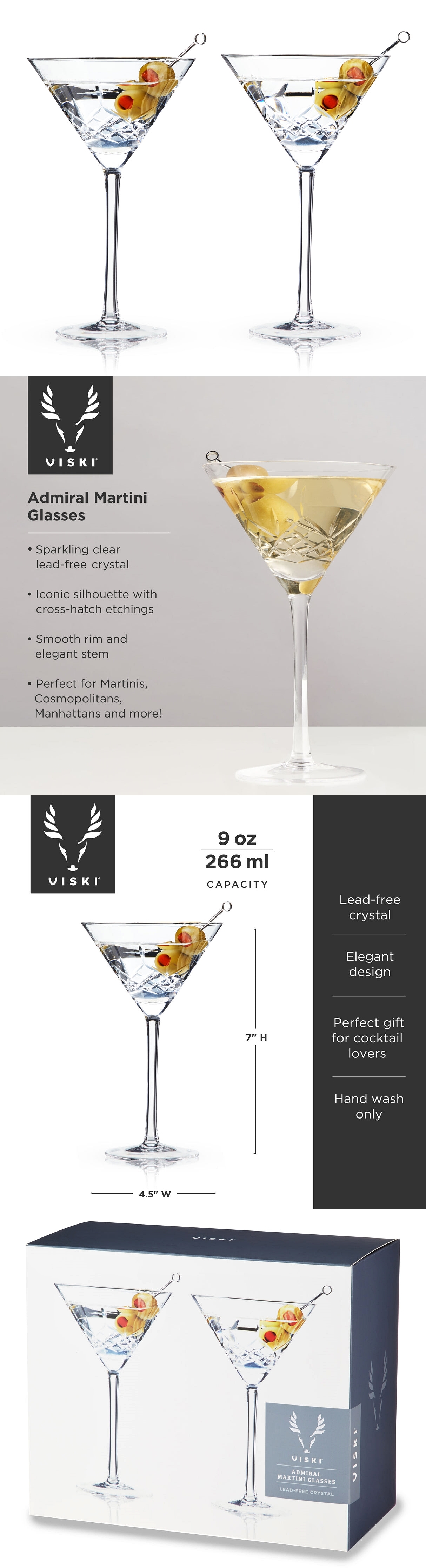 Admiral Lead-Free-Crystal 9oz Cross-Hatched Martini Glasses by VISKI (Set of 2)