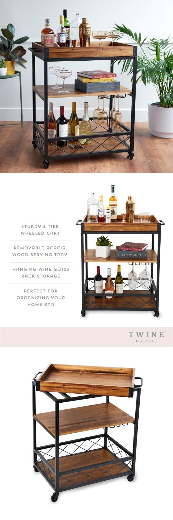 Modern Manor: Bar Cart w/ Removeable Wood Serving Tray by Twine Living