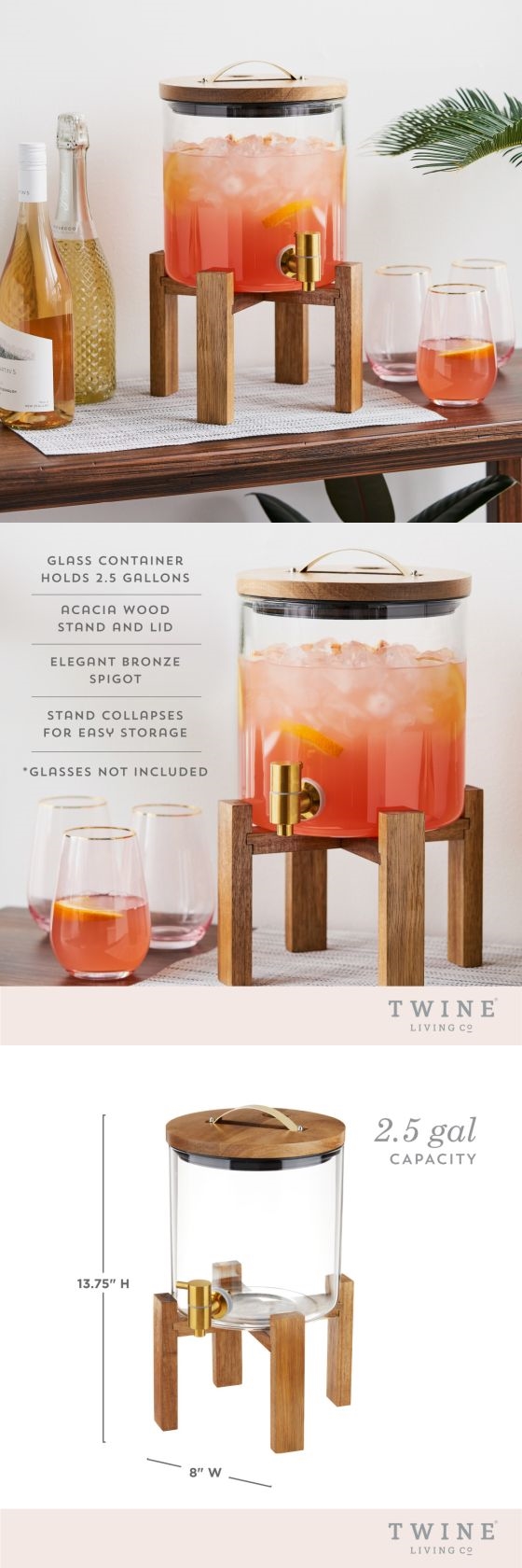 Modern Manor: 2.5 Gallon Wood & Glass Drink Dispenser by Twine Living