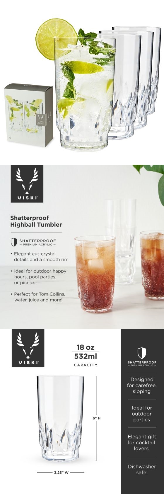 Shatterproof Acrylic Highball Tumblers by VISKI Set of 4