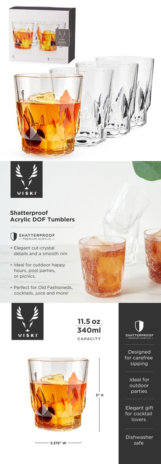 Shatterproof Double Old-Fashioned (DOF) Tumblers by VISKI (Set of 4)