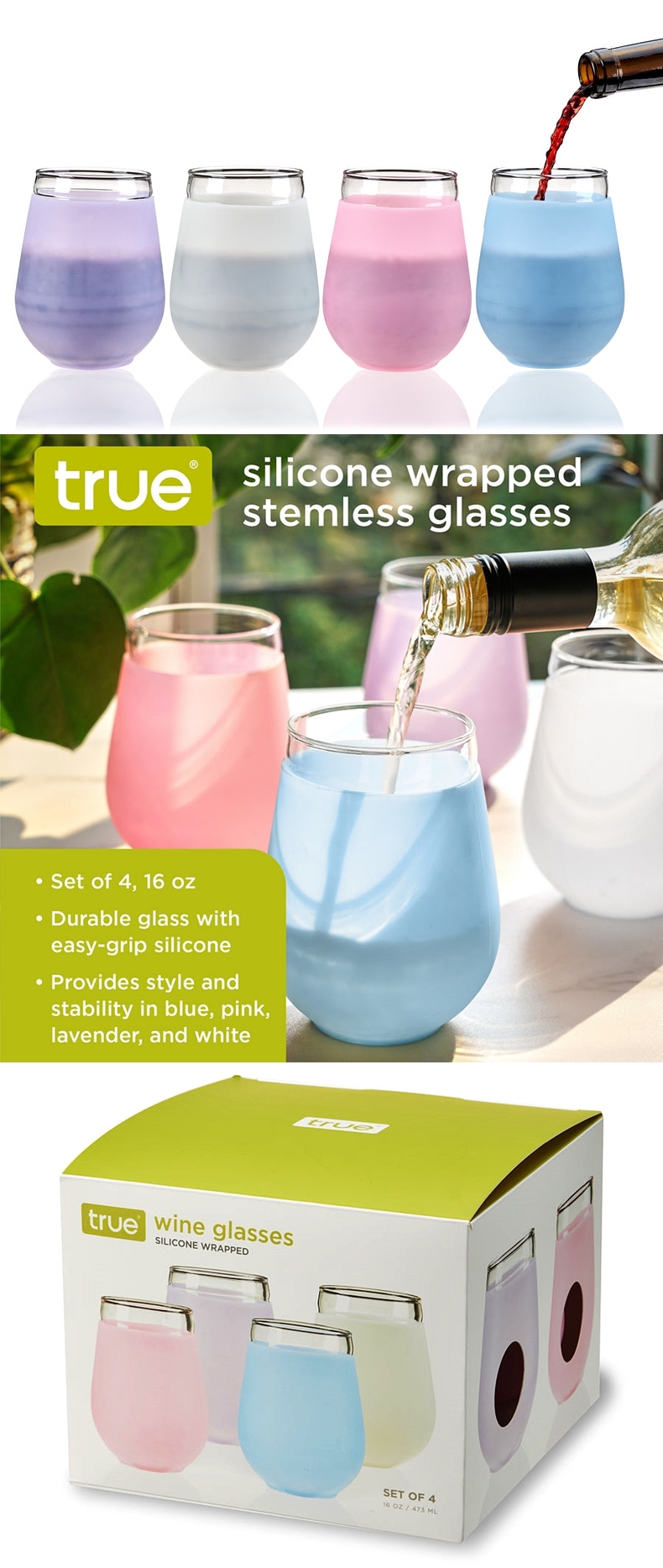Silicone-Wrapped Stemless Wine Glasses in Assorted Colors by True (Set of 4)